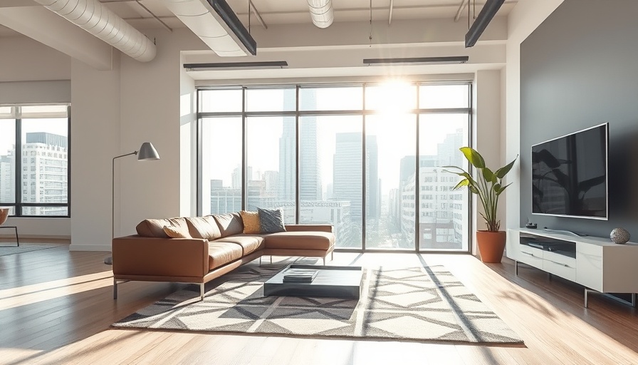 Modern living room with affordable heat solutions and city view.