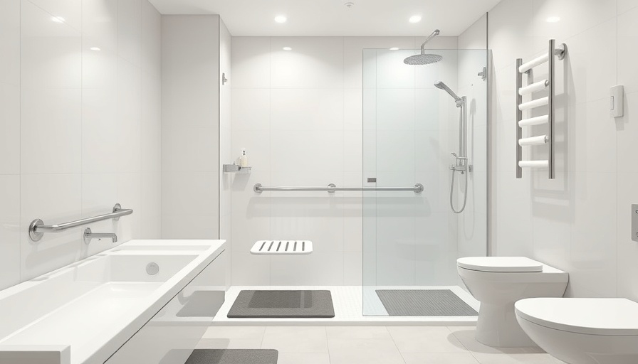 Bathroom with safety rails and non-slip mats for seniors.