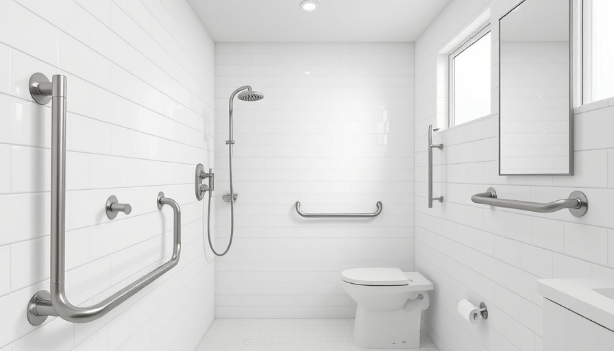 Modern bathroom featuring stainless steel grab bars for preventing injury, sleek design.