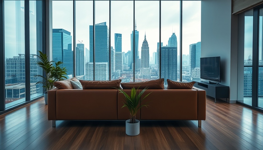Modern basement renovation living room with city view, stylish decor.