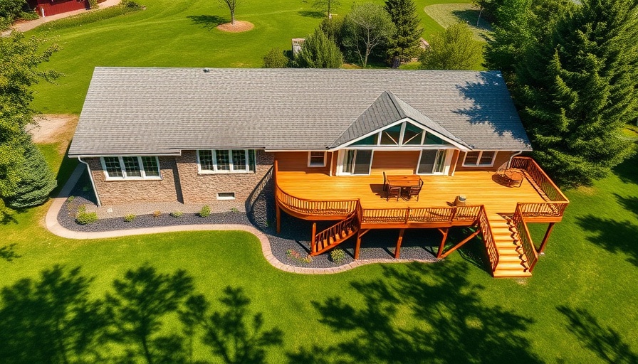 Elevated wooden deck of suburban house, daytime aerial view.