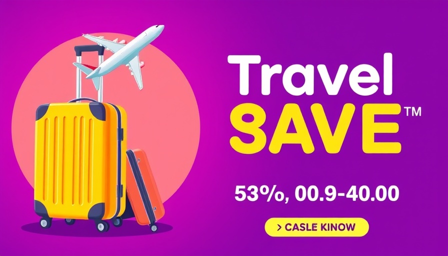 Travel advertisement with airplane and suitcase illustration.