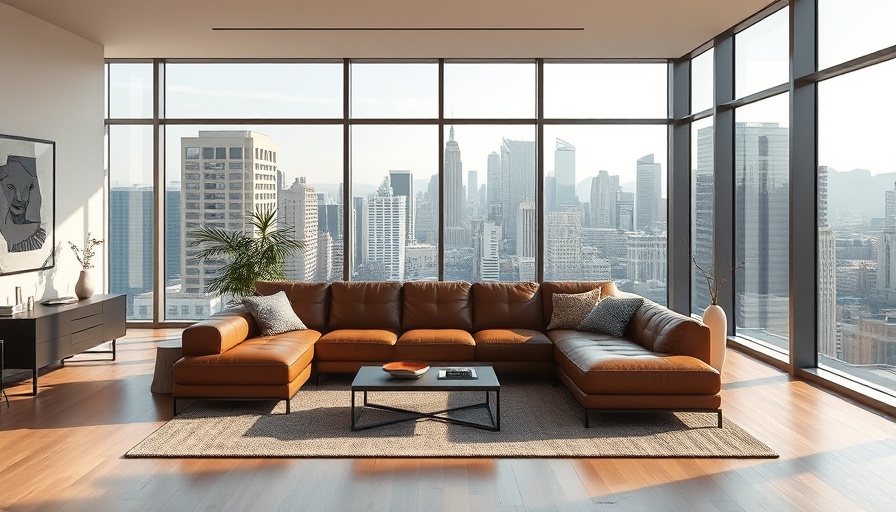 Minimalist living room with leather sofa and city view