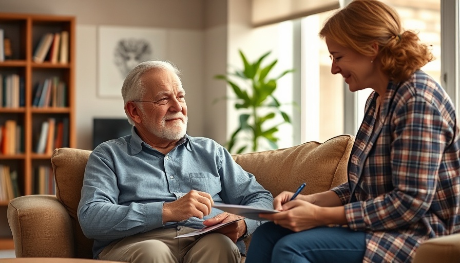 Elderly man assisted by caregiver in a cozy room with bookshelf.