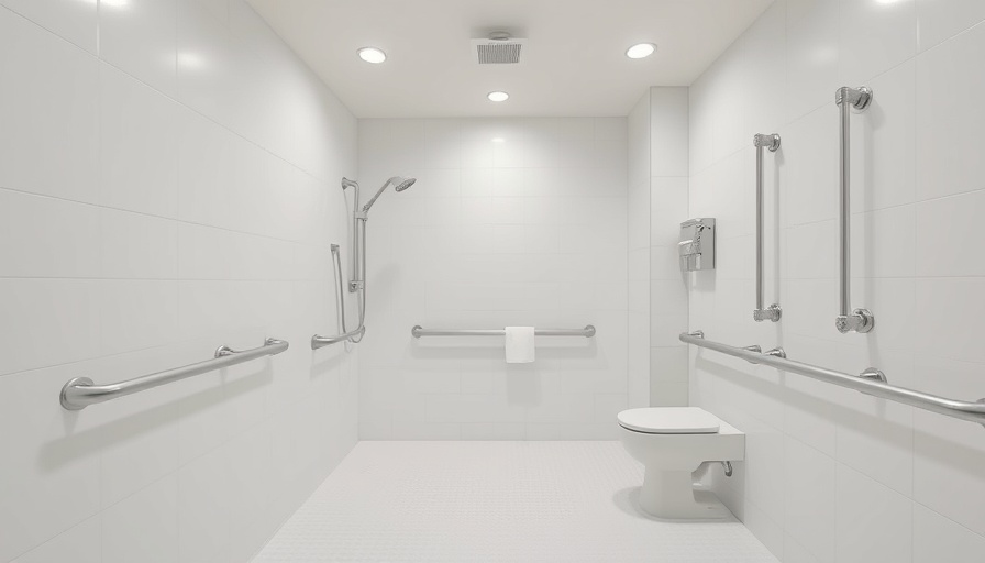 Modern bathroom showcasing grab bars and non-slip flooring for safety.