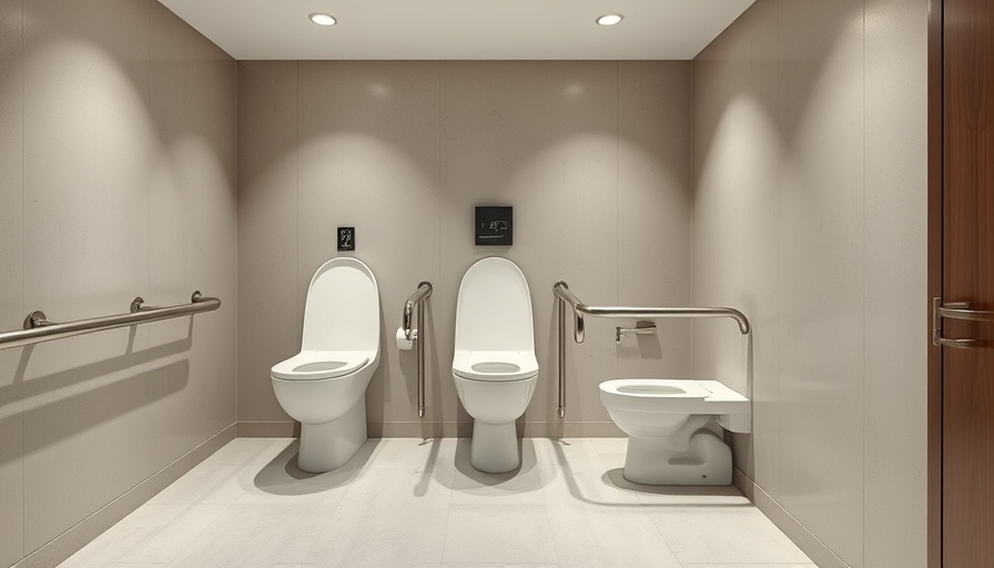 Modern ADA-compliant accessible toilet with handrails in public restroom.