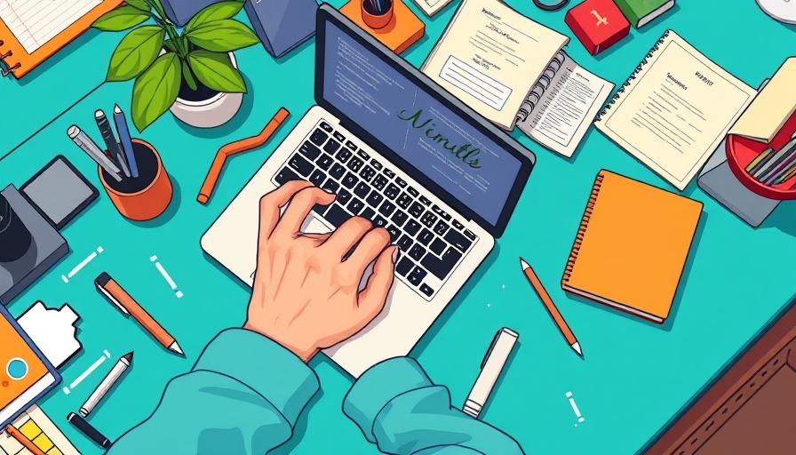 Illustrated desk setup with laptop and stationery, vibrant workspace theme.