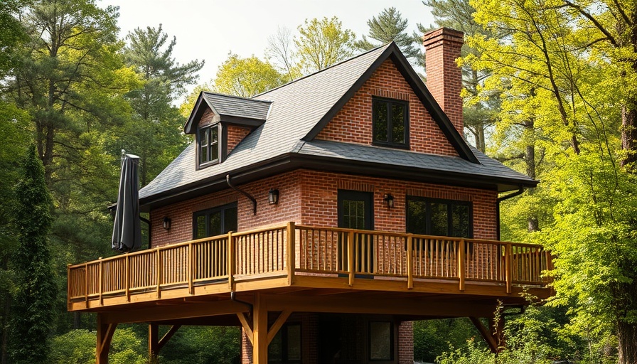 Charming elevated home with wooden deck and lush greenery in daylight.