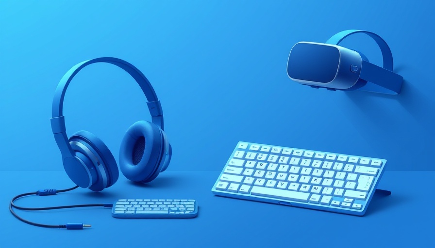 Modern tech advertisement for top tools with headphones, VR headset.