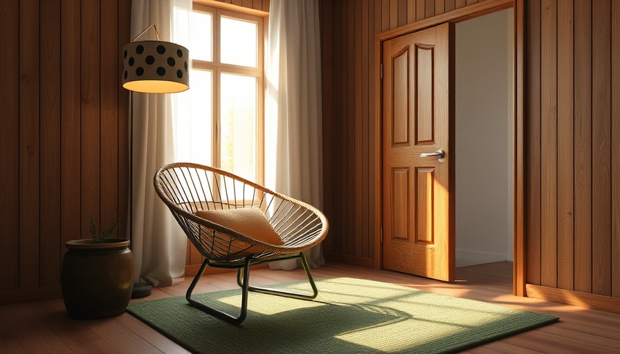 Optimized small space layout with wicker chair and artistic decor.