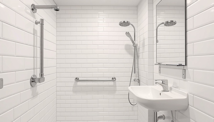 Modern bathroom with grab bars installation in progress.