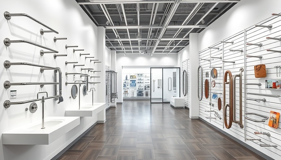 Showroom with various grab bars, bright and organized lighting.