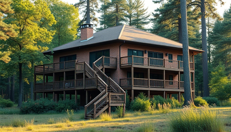 Spacious brick house with wooden deck, elevated by stilts, amidst greenery.