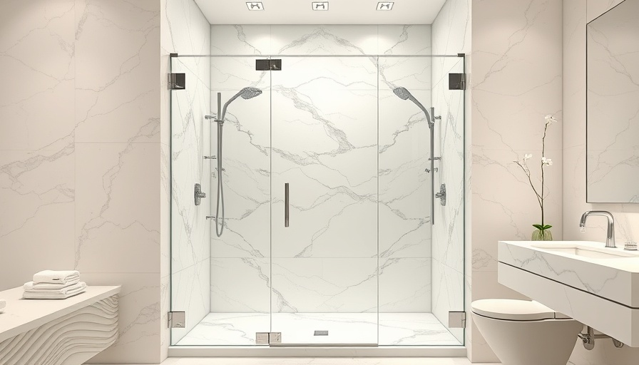 Modern marble walk-in shower with glass door in a Toms River bathroom.