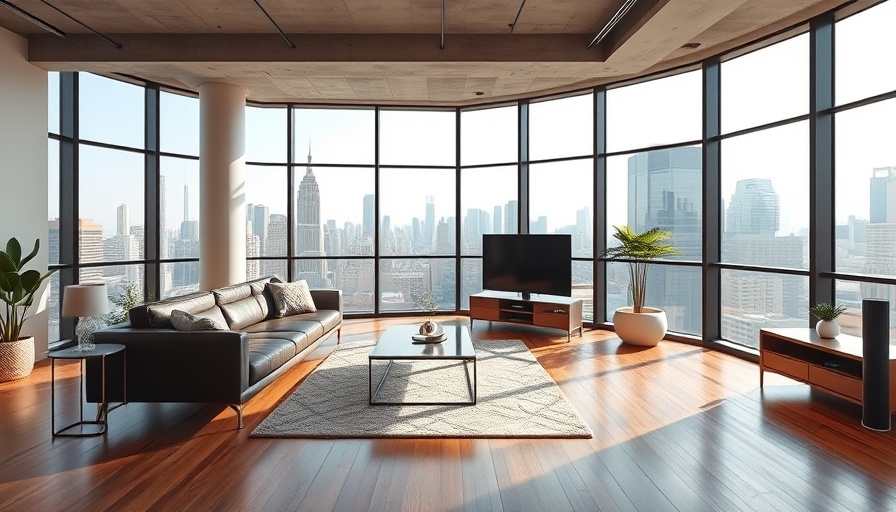 Modern apartment with city view, highlighting sleek design.