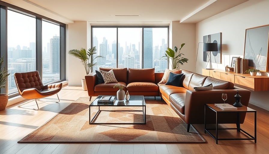 Modern living room with city view and stylish decor.