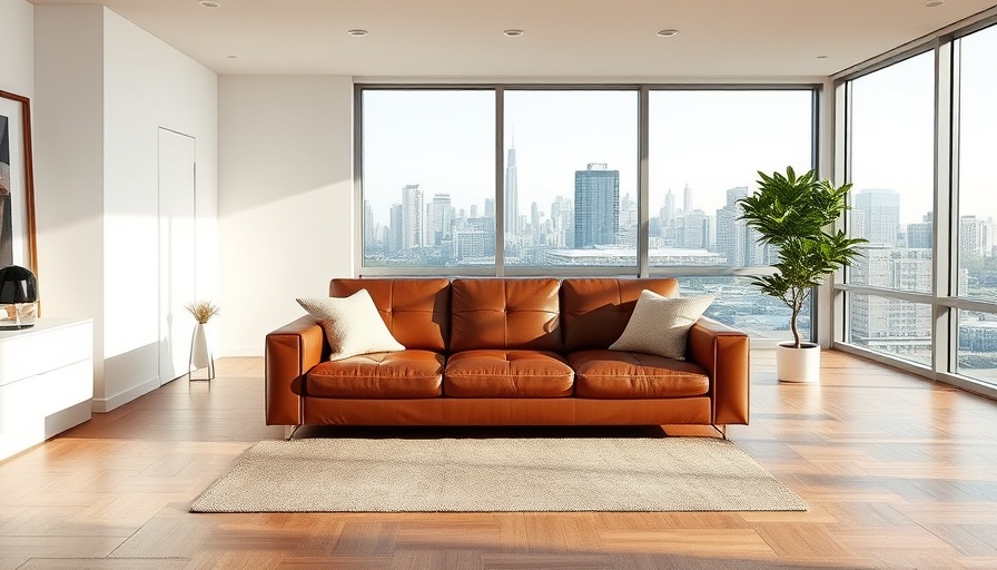 Modern living room with smart storage solutions, featuring a brown leather sofa and urban view.