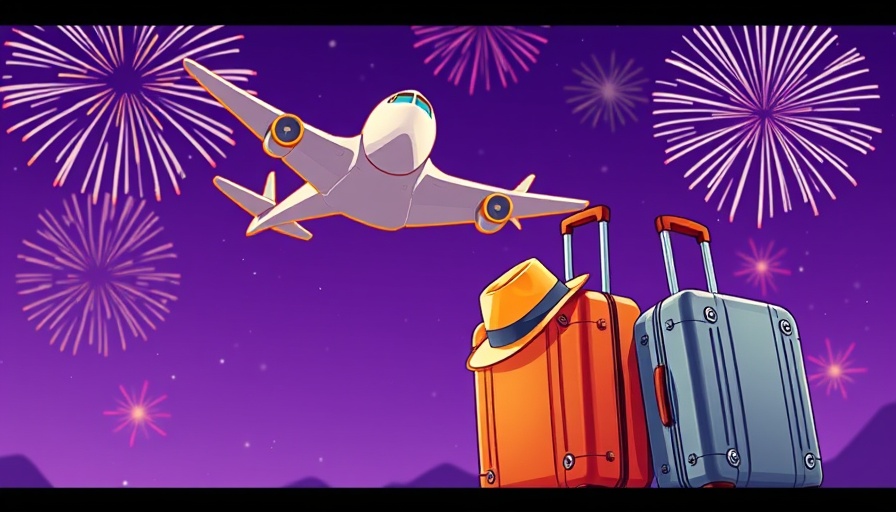 Colorful travel ad with suitcase and plane on purple background.