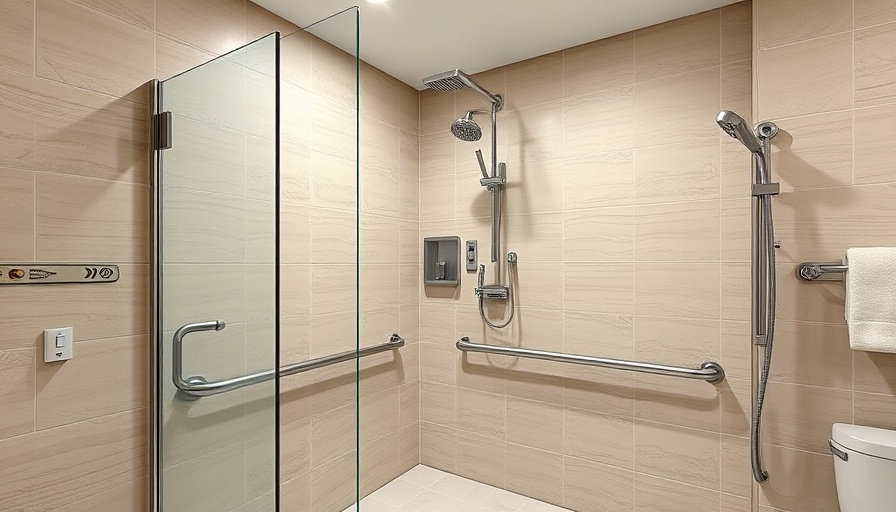 Modern barrier-free shower with grab bars for seniors.
