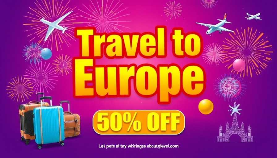 Travel promotion ad with luggage and airplane graphics.