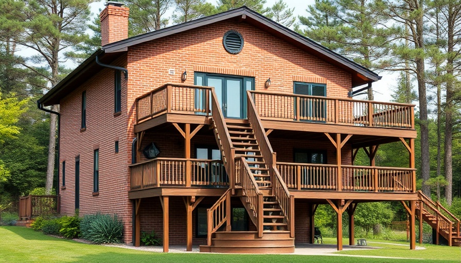 Large brick house with wooden deck, showcasing elevated design best practices for insulating your Brooklyn basement.