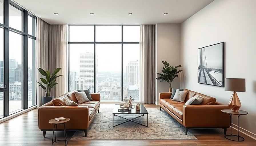 Budget-friendly modern chic living room transformation with city view.