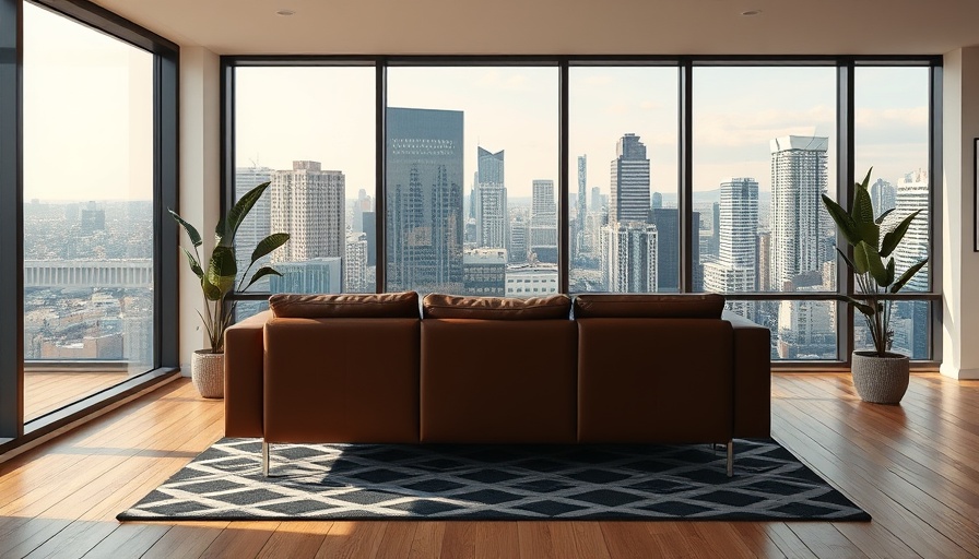 Stylish modern living room with large windows in urban apartment.