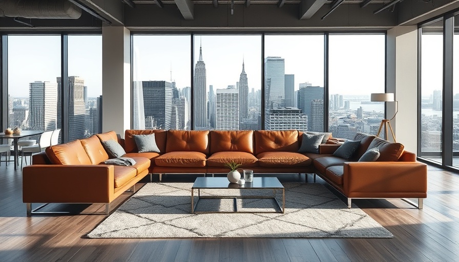 Modern apartment living room showcasing city views, ideal for budget remodel ideas for your Brooklyn basement.