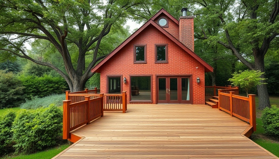 Elevated house with wooden deck and green landscape