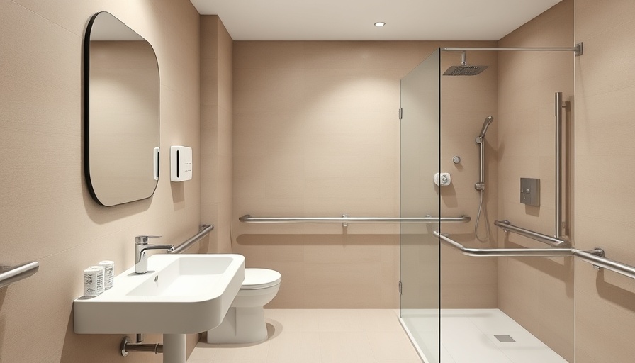 Modern ADA-compliant bathroom with safety rails and accessible design.