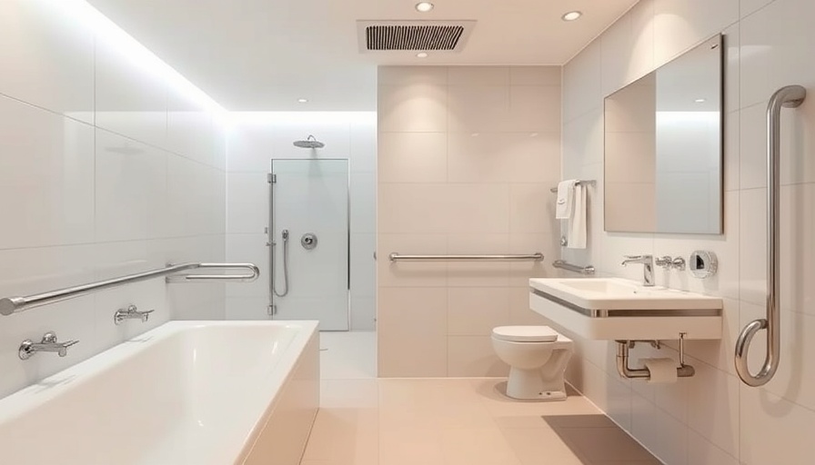Spacious bathroom with modifications for enhanced mobility.