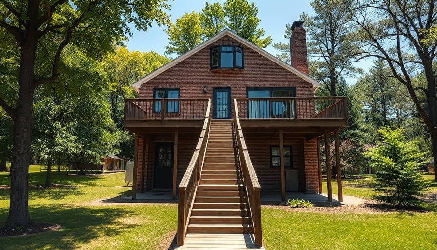 Charming elevated house with deck and stairs in green setting.