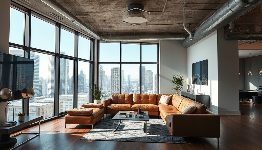 Modern living room with large egress windows and city view in Brooklyn.