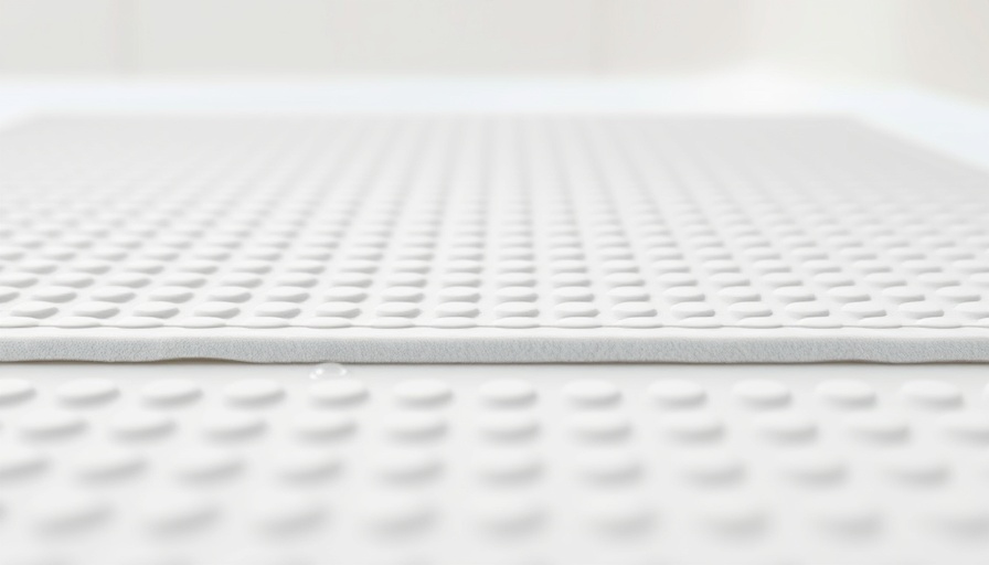Essential traction mat for slippery shower floors with water droplets.