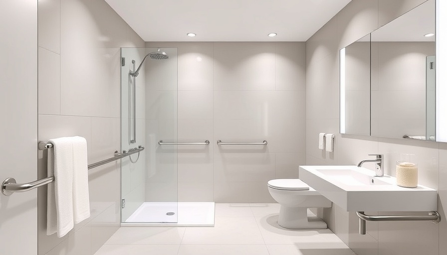 Modern arthritis-friendly bathroom with walk-in shower and grab bars.