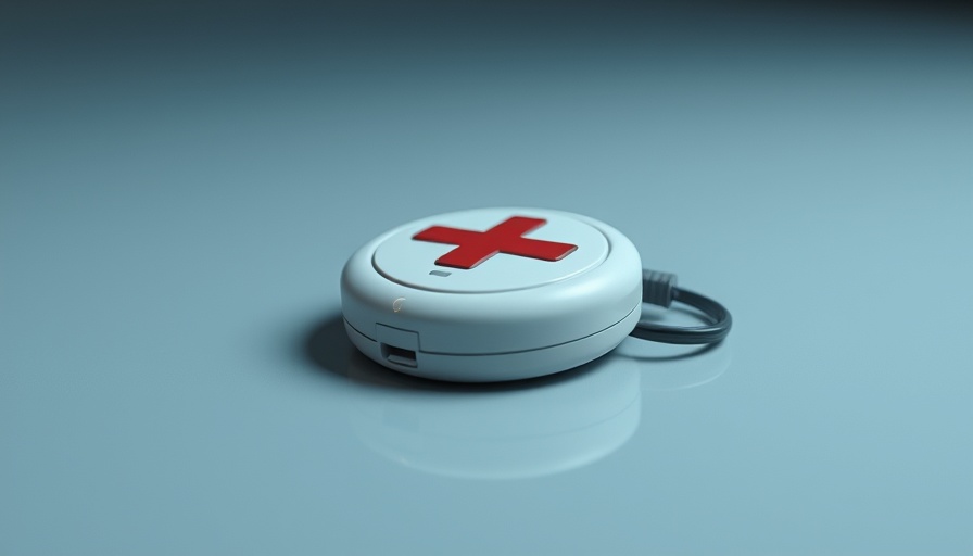 Waterproof medical alert button resting on a surface.