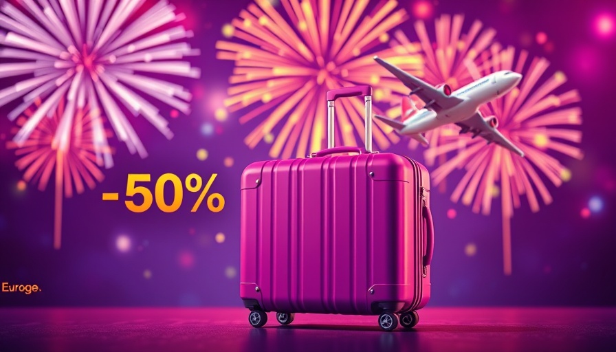 Colorful travel ad with suitcase and 50% off offer.