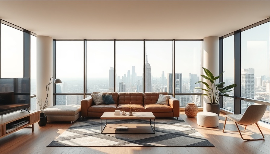 Modern apartment with large windows, city view, minimalist decor.