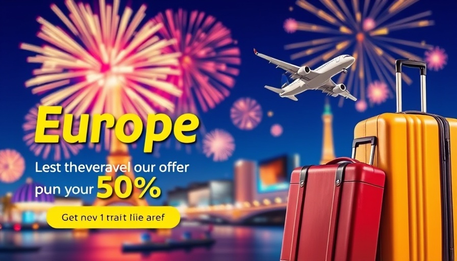 Travel Europe 50% off advertisement with suitcase and airplane illustration.