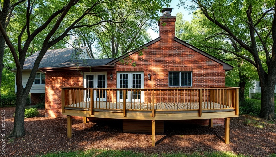 Brick house with elevated deck in a peaceful wooded area.