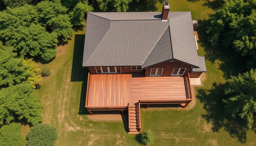 Aerial view of elevated red brick house with deck and trees.