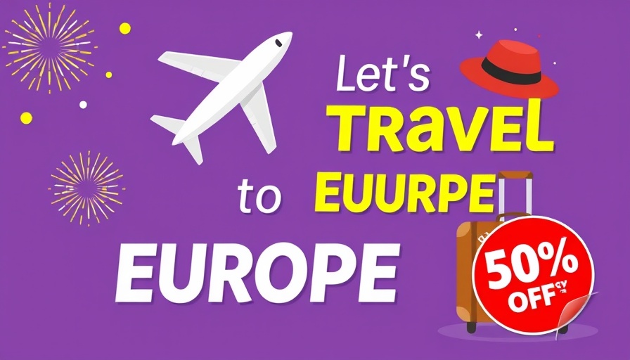 Travel Europe promotion with airplane and suitcase illustration.