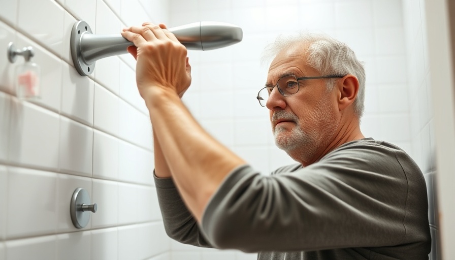 Elderly man installing grab bar in modern bathroom, DIY accessibility upgrades.