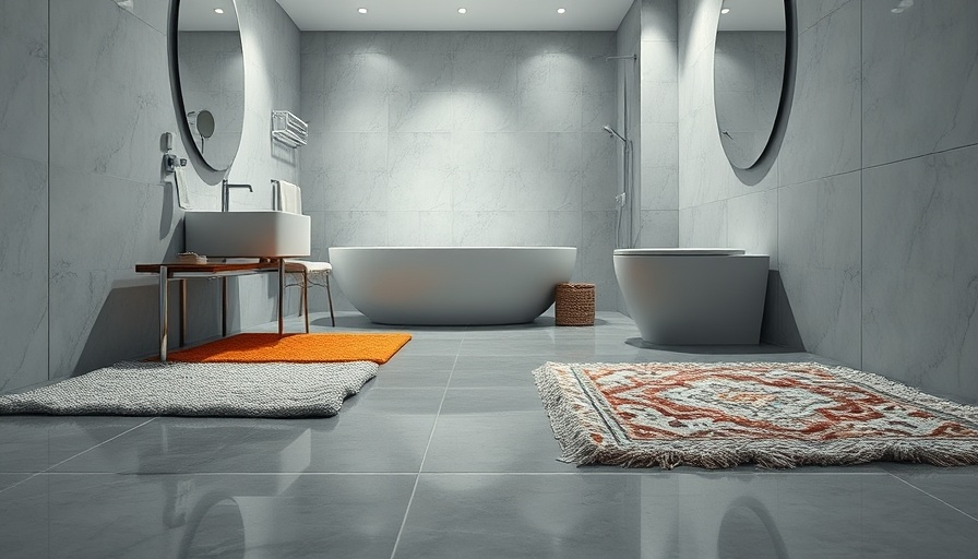 Modern bathroom safety mistakes example with wet floors and rugs.