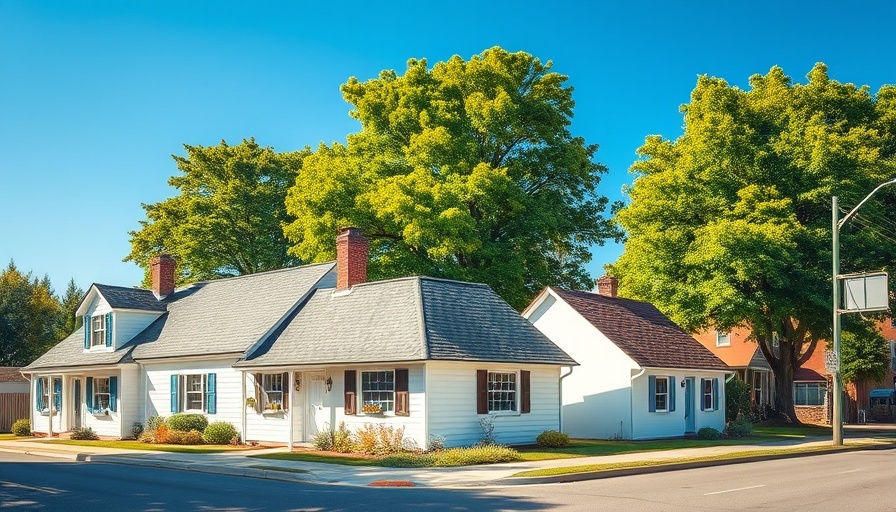 Small white houses with a street sign, trees, and clear sky.