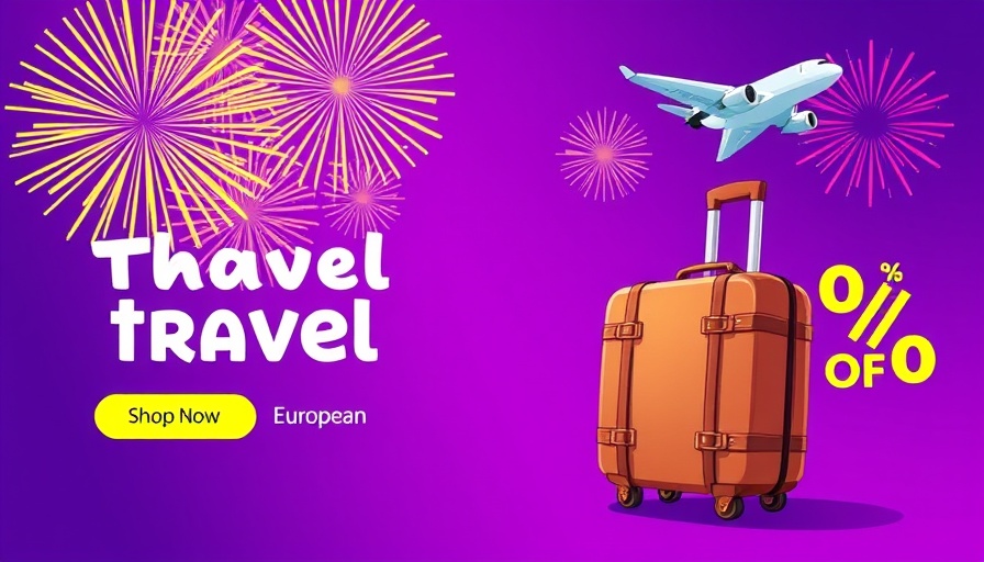 Travel promotion graphic showing suitcase and airplane with 50% off offer.