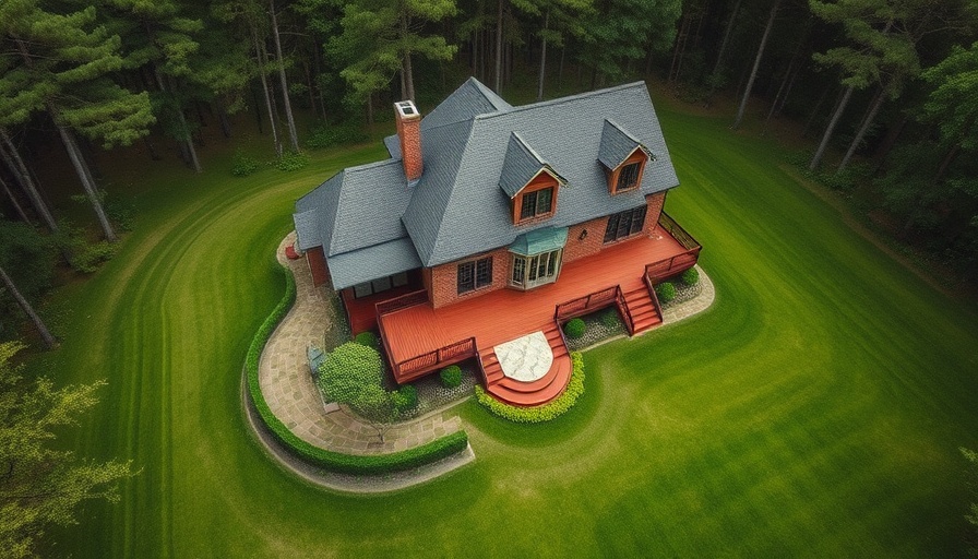 Aerial view of a brick house with wooden deck, lush greenery.