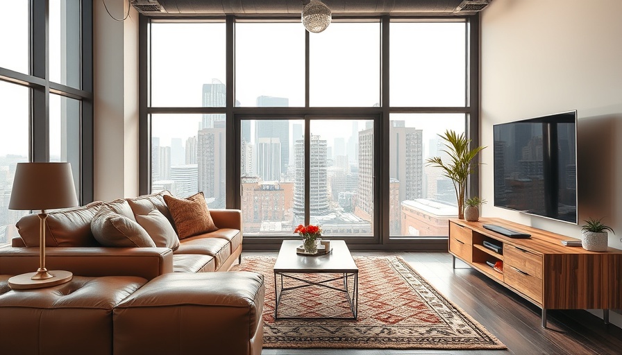 Modern urban living room with city view and leather couch.