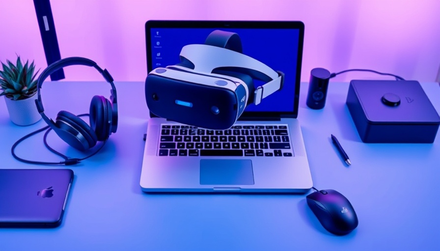 Modern tech setup in blue theme, including VR headset and headphones.