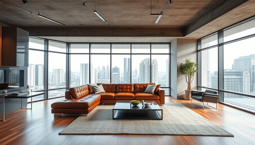 Modern living room with concrete ceiling and city view.